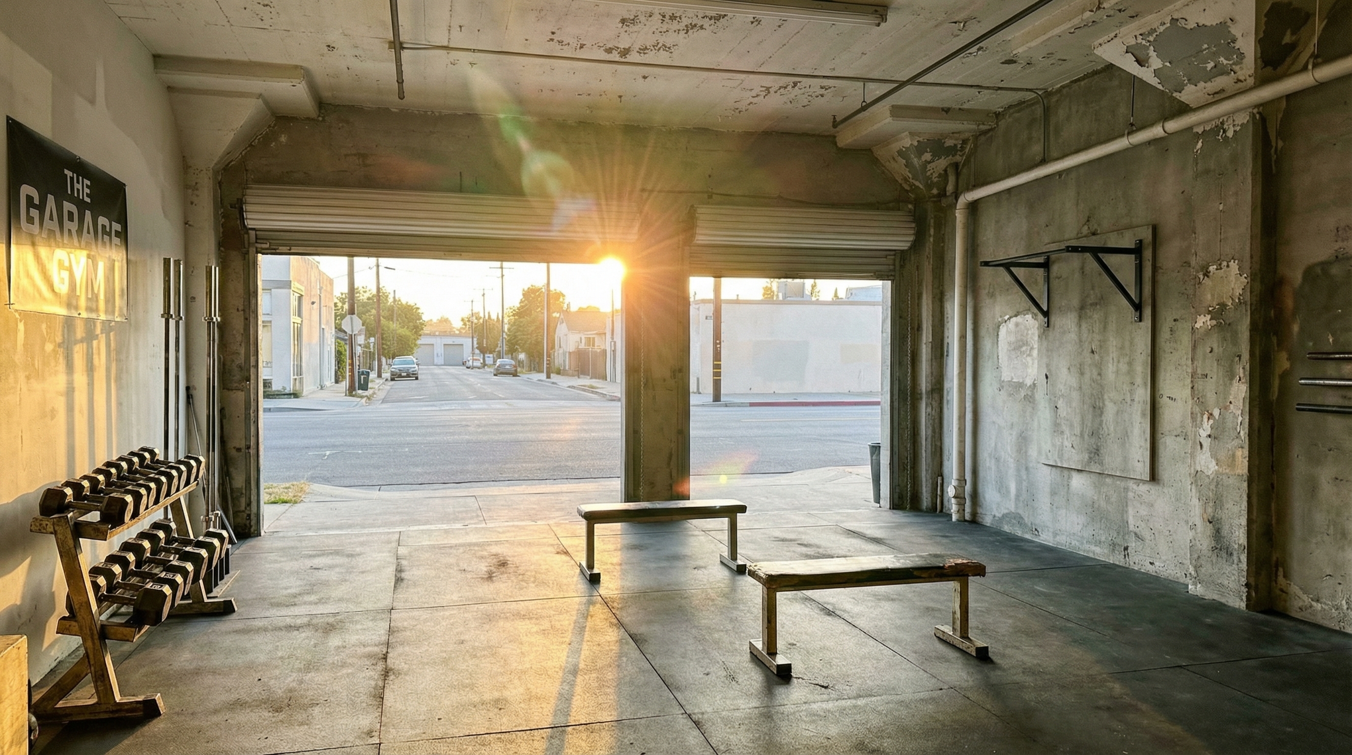 Independent gym with open garage doors and morning light