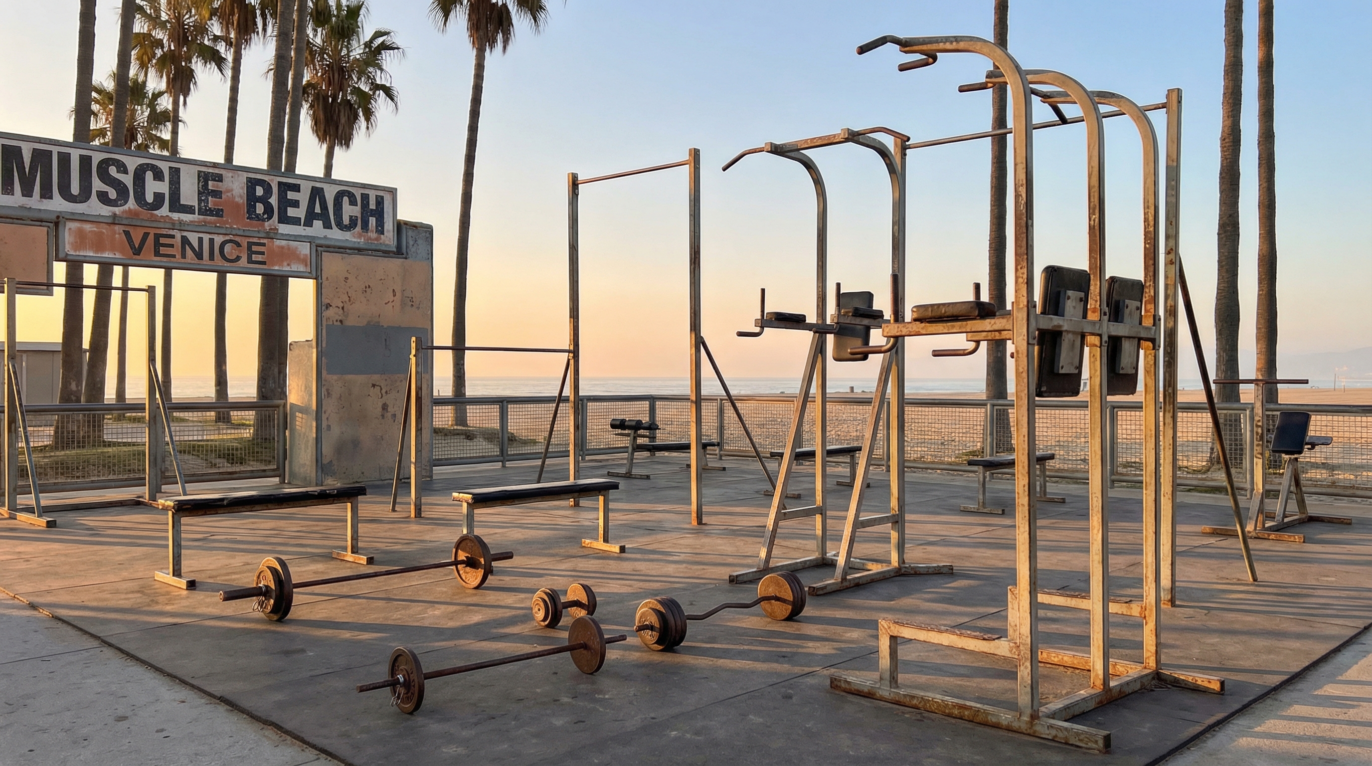 Muscle Beach Venice outdoor gym equipment in golden morning light