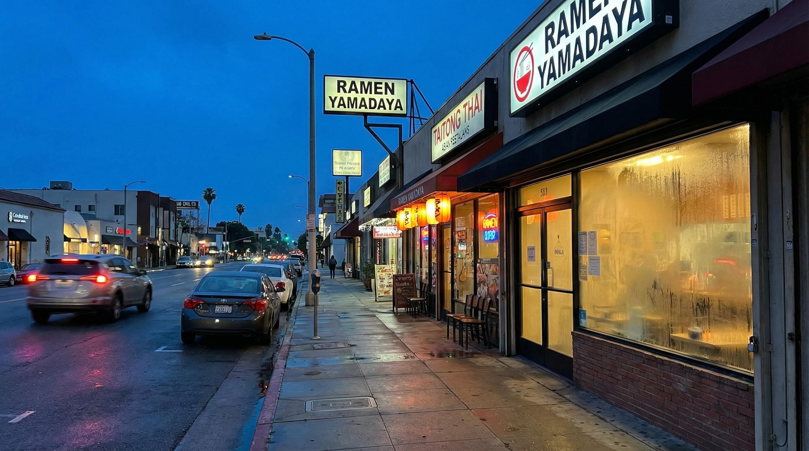 Sawtelle Boulevard in West LA at dusk with restaurant lights and neon signs